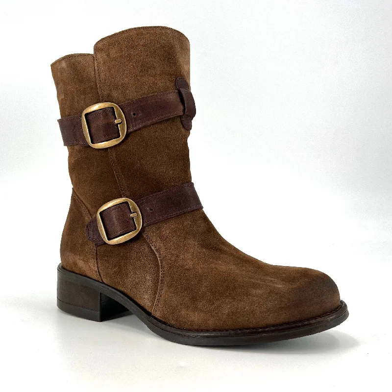 The Double Belt Moto Bootie in Brown