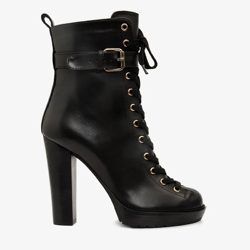 The Estrada Black Leather Lace-Up Platform Heel Mid Calf Women Boot