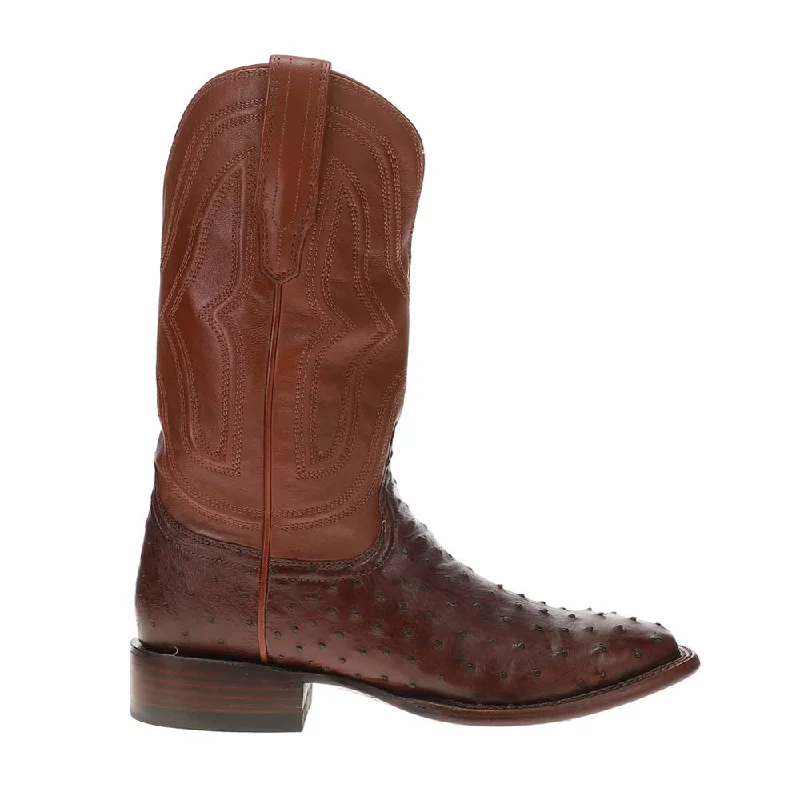 Emmitt Broad Embroidered Ostrich Square Toe Pull On Cowboy Boots