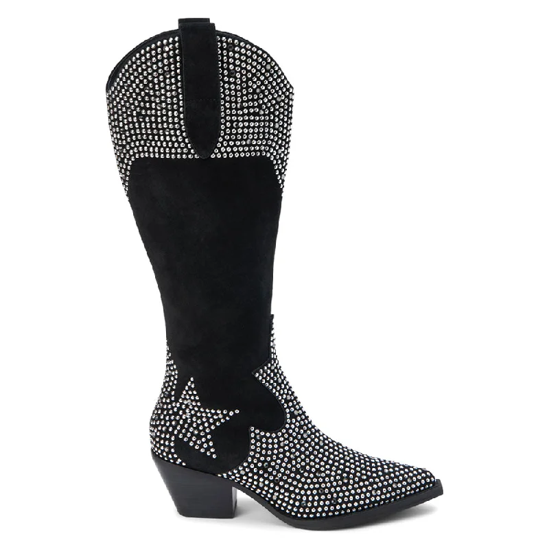 Dumplin Rhinestone Studded Pointed Toe Pull On Cowboy Boots