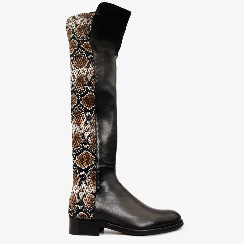 The Moengo Black Leather Leopard Knee High Women Boot