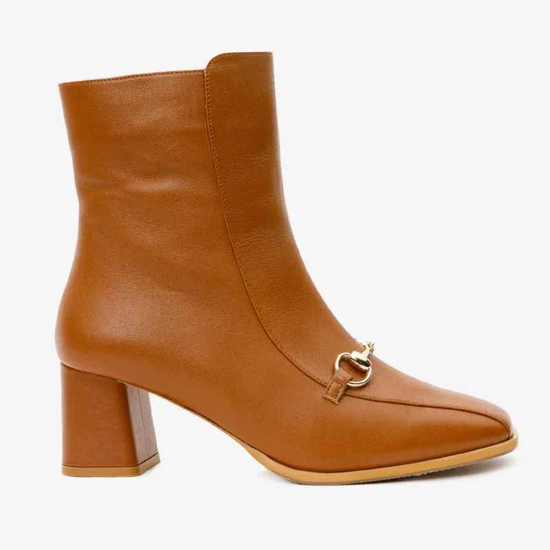 The Bukres Tan Leather Block Heel Mid Calf Women Boot