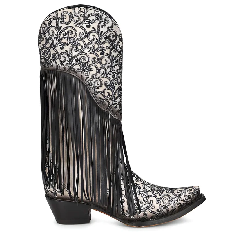 Crater Fringe and Tooled-Inlay Snip Toe Cowboy Boots