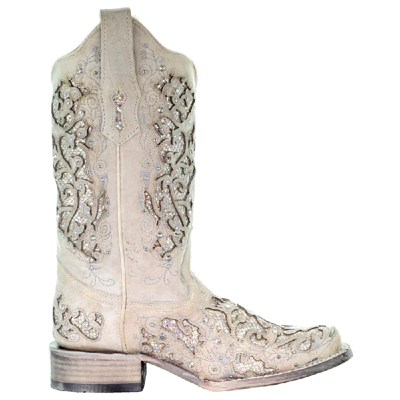 Glitter Studded Tooled-Inlay Square Toe Cowboy Boots