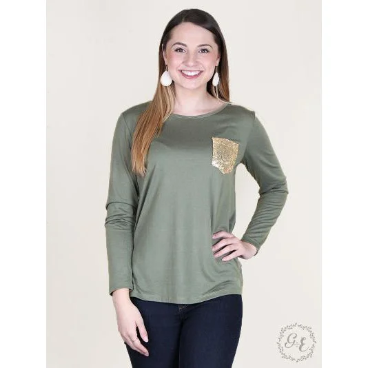 Grace & Emma Women's Olive Long Sleeve Sequin Pocket Tee