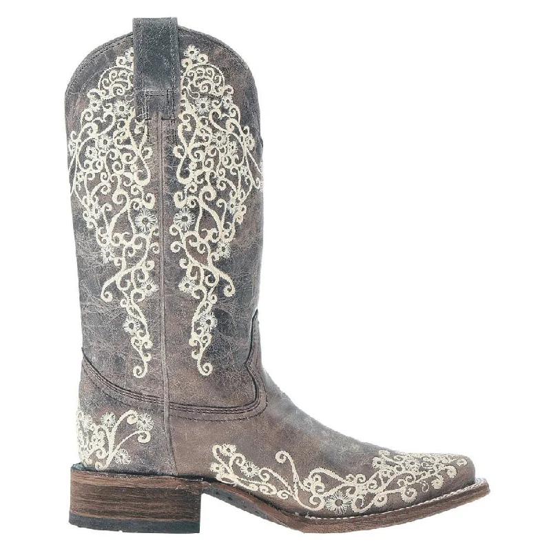 White Embroidered Square Toe Cowboy Boots